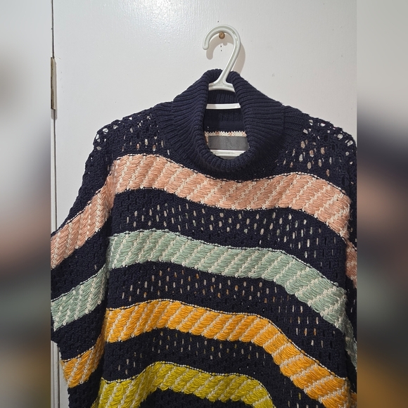 Anthropologie Navy Striped Turtle Neck Sweater Poncho sz OS - Picture 5 of 10
